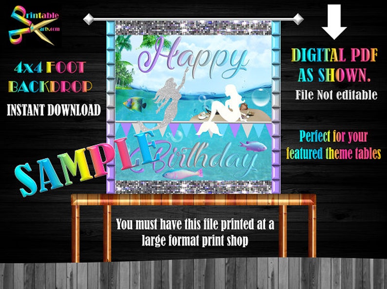 Backdrop Banner 4x4 Foot Printable PDF Instant Download Mermaid Glitter Silver Purple Blue l Teal Birthday image 1