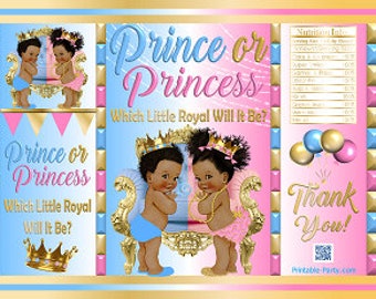 Printable Potato Chip Bags | African Ethnic Royal Gender Reveal Prince or Princess Baby Shower Favors | Pink Blue Gold