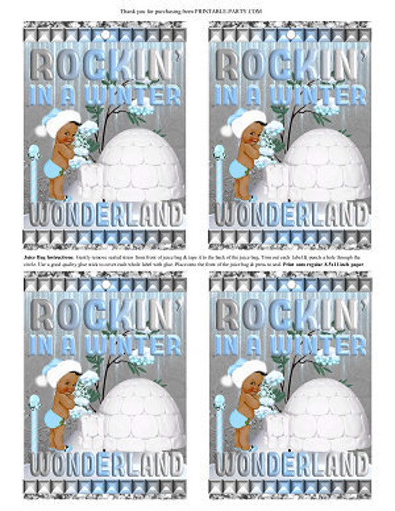 Printable Juice Bag Labels | Rocking Winter Wonderland Christmas Blue SIlver Baby Shower Decoration Supply | PDF Instant Download Il_570xn