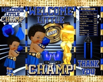 Sacs de chips imprimables | Ring de boxe Little Champ Boxer Sports Baby Shower Bleu Or Noir | Cotillons