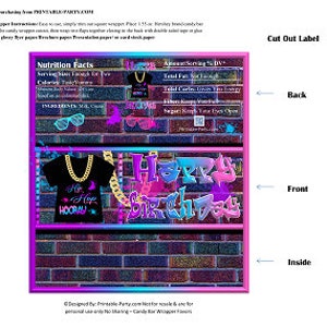 Envoltorios de barra de caramelo imprimibles / Throwback Hip Hop Fresh 90&#39;s Pink Blue Black Birthday Chocolate Bar Labels / Descarga instantánea