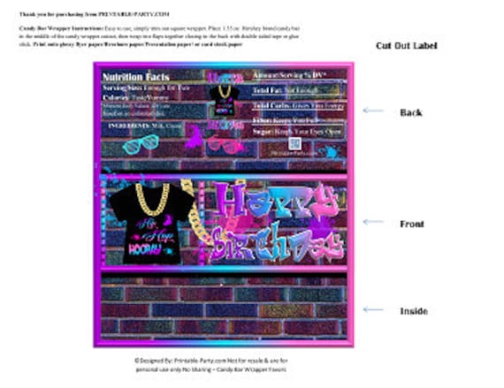 Printable Candy Bar Wrappers | Throwback Hip Hop Fresh 90's Pink Blue Black Birthday Chocolate Bar Labels | Instant Download Il_570xn