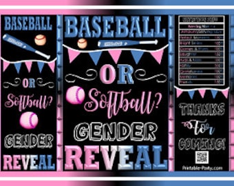 Printable Potato Chip Bags | Baseball or Softball Gender Reveal Black Pink Blue | Baby Shower Favors