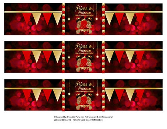 Printable Water Bottle Labels | Royal Gender Reveal Prince Princess Gold Red African American Drink Wrappers | Instant Download Il_570xn