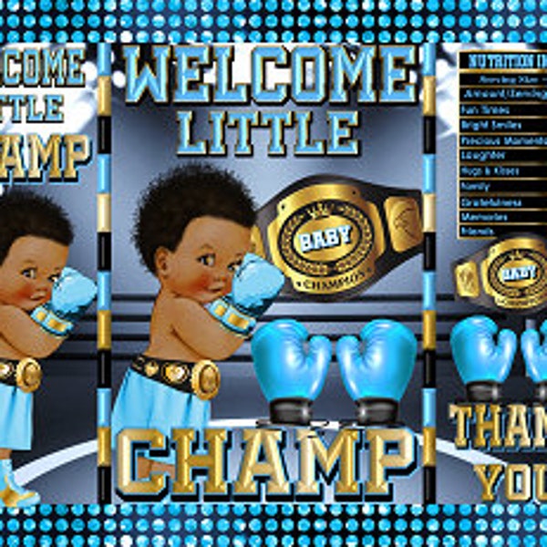 Printable Potato Chip Bags | Boxing Ring Little Champ Boxer Sports Baby Shower Light Blue Black Gold | Party Favors