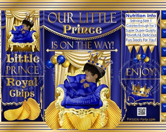 Printable Chip Bags | Treat Bags| Boy Prince Blue Gold | Ethnic African Amercian | Royal Baby Shower Favors