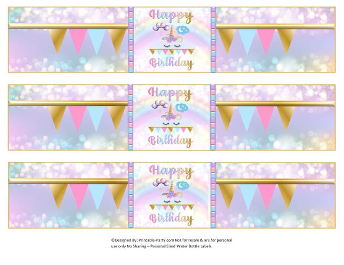 Printable Water Bottle Labels Unicorn Face Rainbow Birthday - Etsy