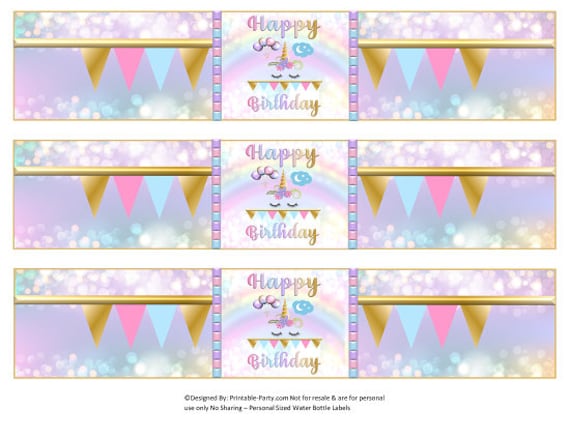 printable water bottle labels unicorn face rainbow birthday drink