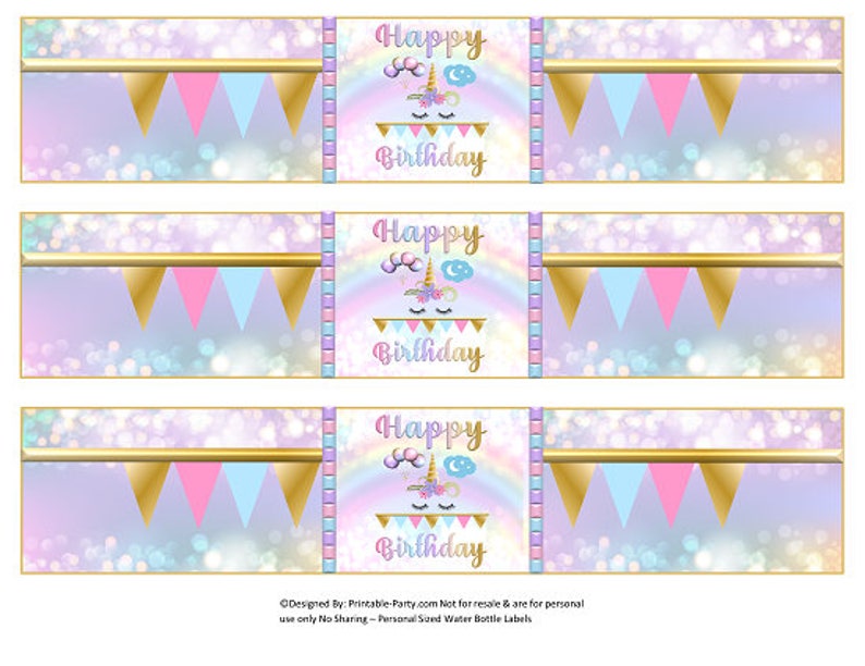 printable water bottle labels unicorn face rainbow birthday etsy