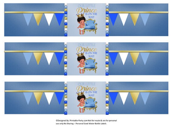 Printable Water Bottle Labels | Royal Prince Blue White Gold Baby Shower African American Drink Wrappers | Instant Download Il_570xn