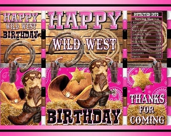 Sacs de croustilles imprimables PDF | Joyeux anniversaire Cowboy Cowgirl Western Far West Rose Noir Bois Paisley | Cadeau Sac Party Favors
