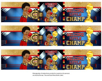 Printable Water Bottle Labels | Boxing Boxer Little Champ Sports Red Blue Gold Black Drink Wrappers | Instant Download