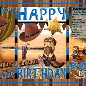 Printable Potato Chip Bags PDF | Happy Birthday Cowboy Western WIld West Blue Black Wood | Gift Bag Party Favors