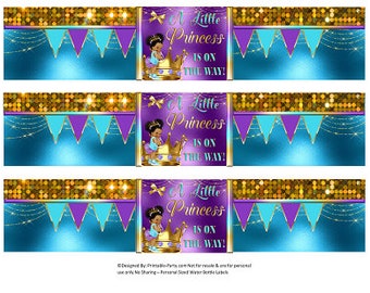 Printable Water Bottle Labels | Royal Princess Turquoise Teal Purple Gold Crown Afro African Baby Shower Drink Wrappers | Instant Download