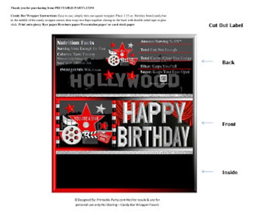 Printable Candy Bar Wrappers | Hollywood Star Movie Film Red Silver Black Birthday Chocolate Bar Labels | Instant Download Il_570xn