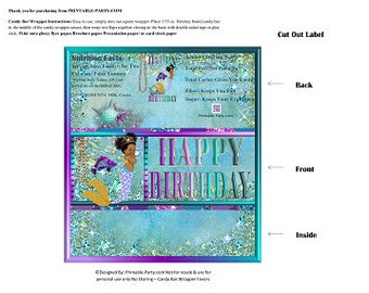 Printable Candy Bar Wrappers | Mermaid Princess African Jewel Gold Teal Purple Birthday Chocolate Bar Labels | Instant Download Favors