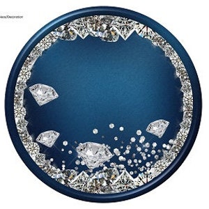 May include: A blue circle with a border of silver diamonds and smaller diamonds scattered on the blue background.
