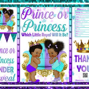 Printable Potato Chip Bags African Ethnic Royal Gender Reveal Prince or Princess Baby Shower Favors Purple Teal Turquoise image 1