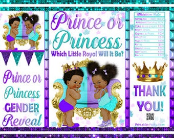 Printable Potato Chip Bags | African Ethnic Royal Gender Reveal Prince or Princess Baby Shower Favors | Purple Teal Turquoise