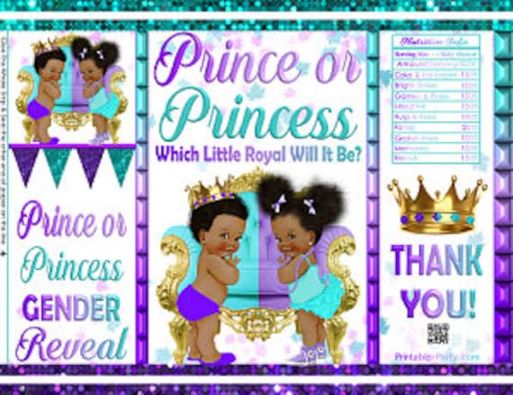 Printable Potato Chip Bags | African Ethnic Royal Gender Reveal Prince or Princess Baby Shower Favors | Purple Teal Turquoise Il_570xn