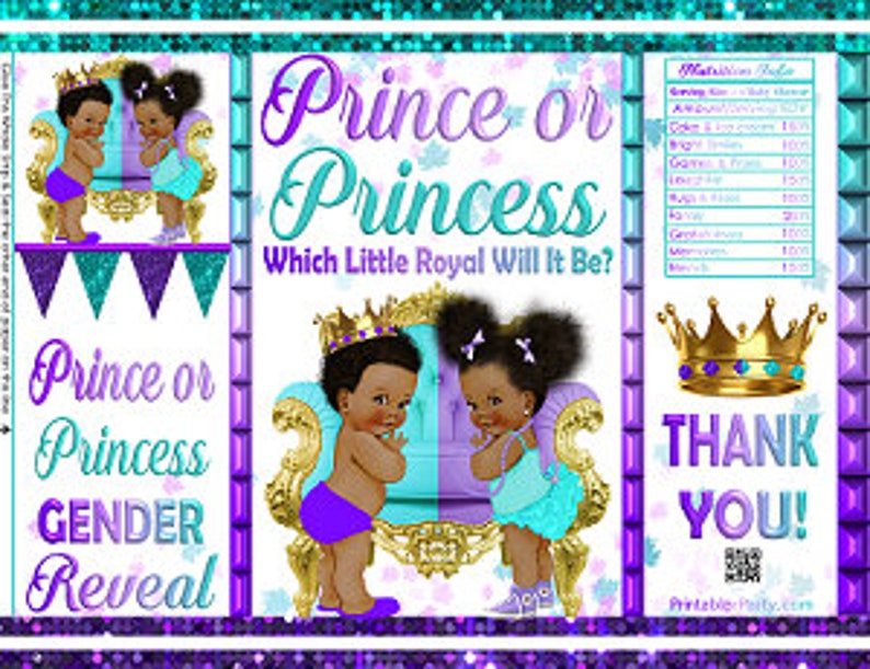 Printable Potato Chip Bags African Ethnic Royal Gender Reveal Prince or Princess Baby Shower Favors Purple Teal Turquoise image 1