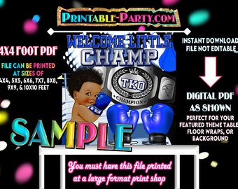 May include: Digital PDF design with a boxing theme. Features a baby boxer wearing blue gloves, a championship belt, and the text "Welcome Little Champ." The design includes the text "Printable-Party.com" and "Sample."