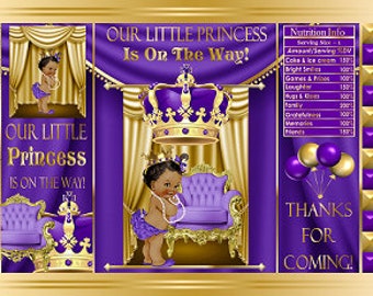 Printable Potato Chip Bags |  Baby Shower Purple Gold | Ethnic African Amercian Girl | Royal Princess Favors