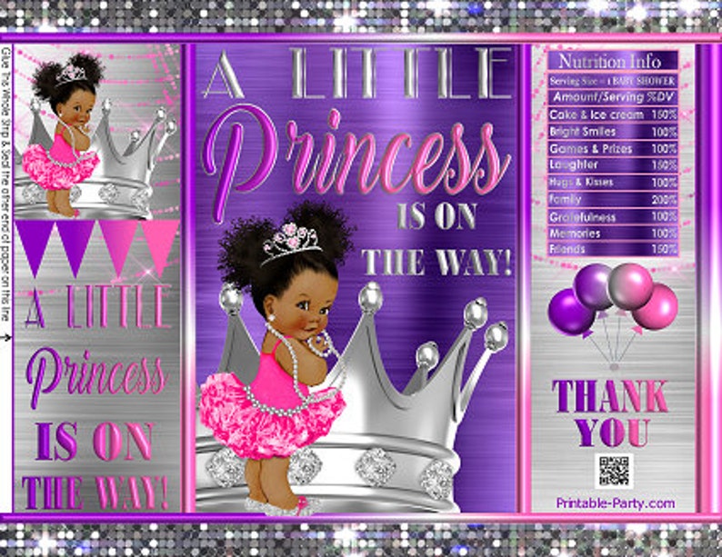 Printable Potato Chip Bags Pink Purple Silver Crown Tutu Tiara Princess Royal Girl African Baby Shower Favors