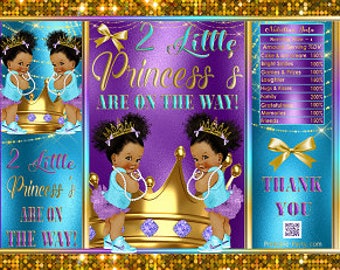 Printable Potato Chip Bags | Twins Turquoise Purple Teal Gold Crown Afro | Tutu Gold Tiara Princess Royal Girl African Baby Shower Favors