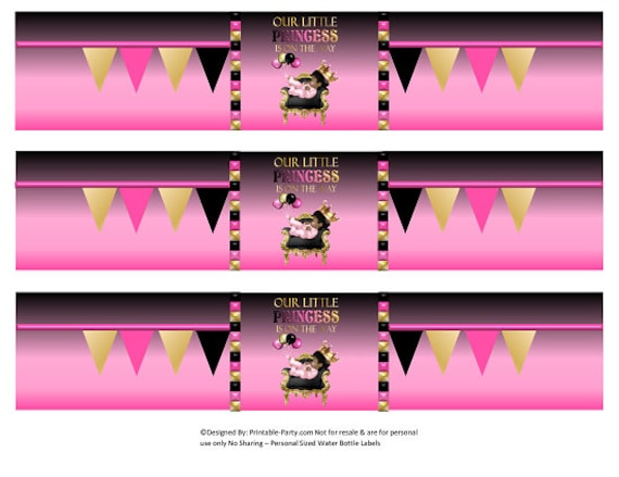 printable water bottle labels baby shower black pink gold etsy
