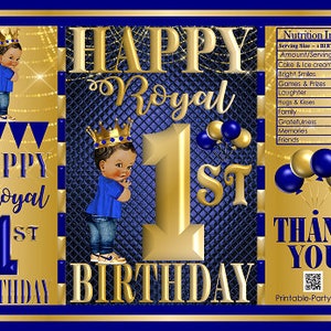 Printable Potato Chip Bags | Dark Blue Gold Prince | Ethnic African Amercian Boy | Royal Birthday Favors