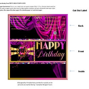 Printable Candy Bar Wrappers | Elegant Luxury Jewel Diamond Fushia Pink Purple Gold Black Birthday Chocolate Bar Labels | Instant Download