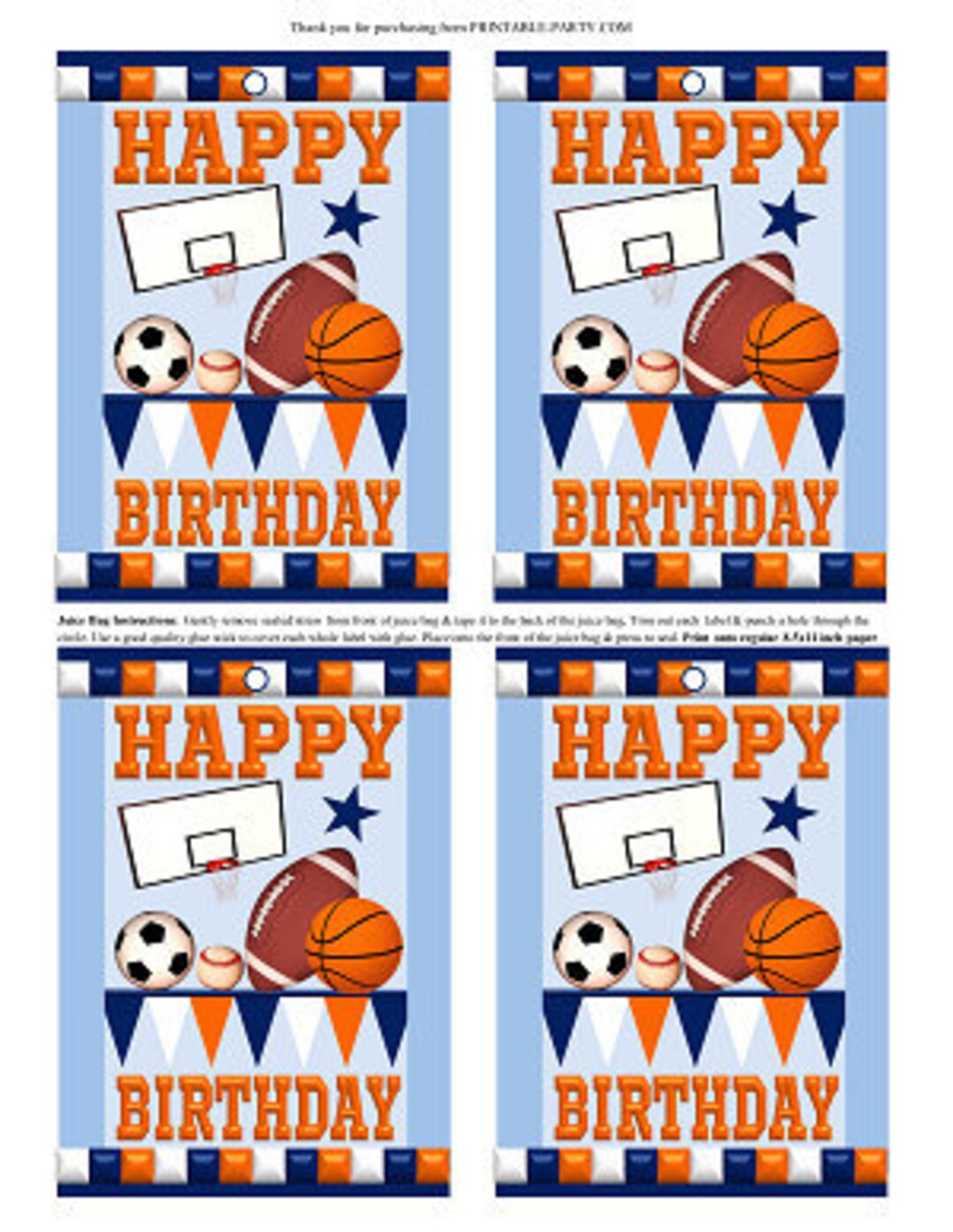 Printable Juice Bag Labels Sports Star Blue Orange Birthday Etsy