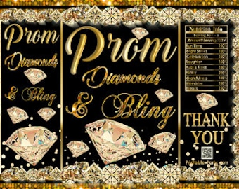 Printable Potato Chip Bags | Black Gold & Bling Diamonds Prom Night Graduation Champagne Party Favors