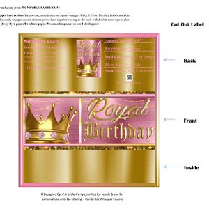 Printable Candy Bar Wrappers | Royal Happy Birthday King Prince Queen Princess Pink Gold Chocolate Bar Labels | Instant Download