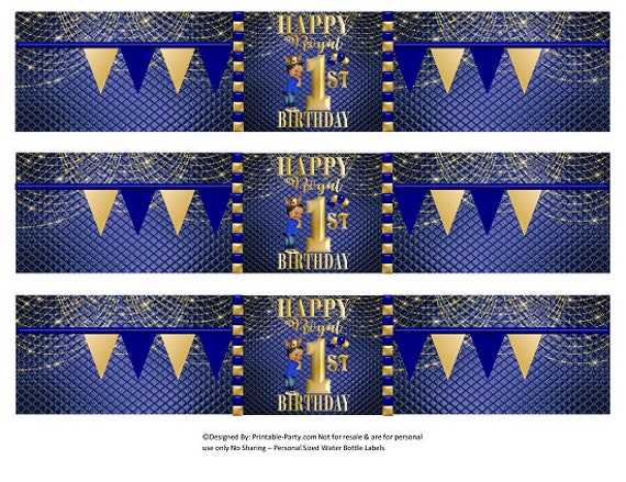 Printable Water Bottle Labels | 1st Birthday Navy Blue Gold Royal Prince Boy Drink Wrappers | Instant Download Il_570xn