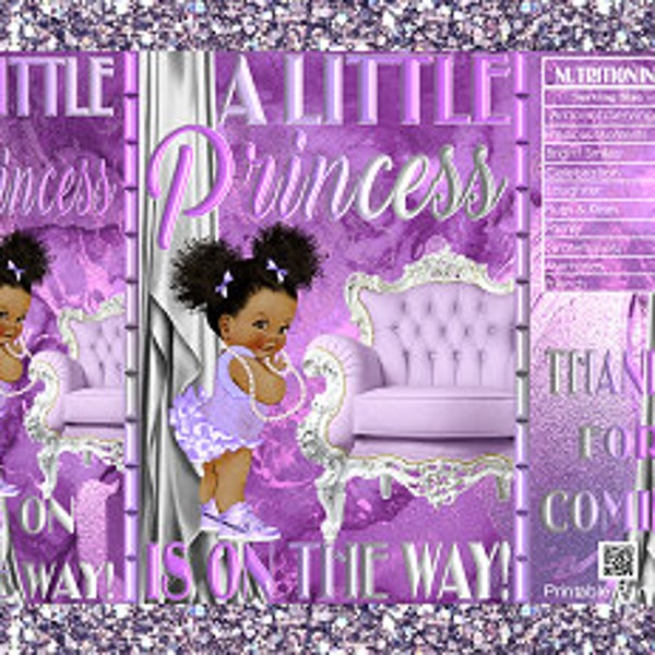 Printable Potato Chip Bags | Purple Lavender Silver Crown | Tutu Princess Royal Girl Afro Puff African Vintage Baby Shower Favors