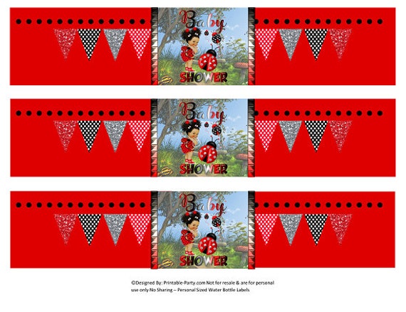Printable Water Bottle Labels | Little Ladybug Princess Baby Shower Ethnic African Red Black Girl Drink Wrappers | Lady Bug Instant Download Il_570xn