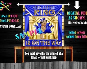 Backdrop Banner 4x4 Foot Printable PDF Instant Download | Vintage Boy Royal King Afro African Baby Shower | Blue Gold