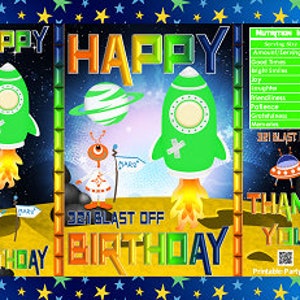 May include: A printable party favor bag design featuring a green rocket ship, aliens, planets, and the text "Happy Birthday! 321 Blast Off!"  The design is on a blue background with yellow stars.