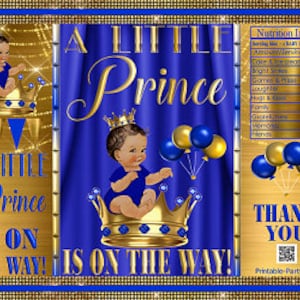 Printable Potato Chip Bags | Blue Gold Little Prince African Ethnic Boy | Royal Crown Baby Shower Favors