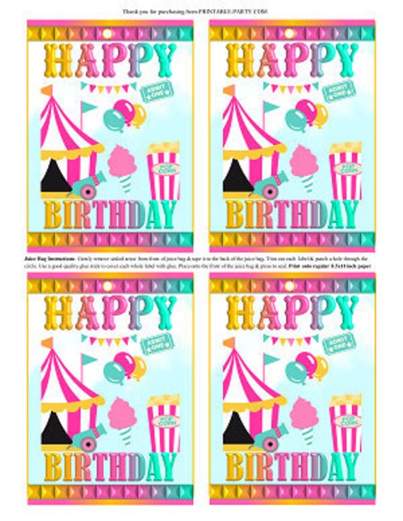 Printable Capri Juice Bag Labels | Circus Carnival Animals Pink Teal Yellow Birthday Decoration | PDF Instant Download Il_570xn