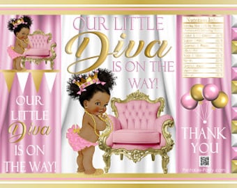 Printable Potato Chip Bags | Girl Royal Princess Diva Baby Shower Pink White Gold | African American Ethnic Party Favors
