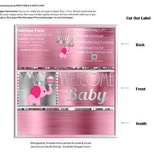 Printable Candy Bar Wrappers | Elephant Girl Royal Princess Pink Silver Baby Shower Chocolate Bar Labels | Instant Download