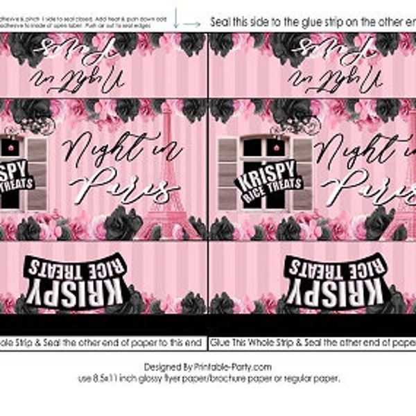 Printable Krispy Rice Treat Labels | Night in Paris Eifflel Tower Birthday Pink Black | Instant Download