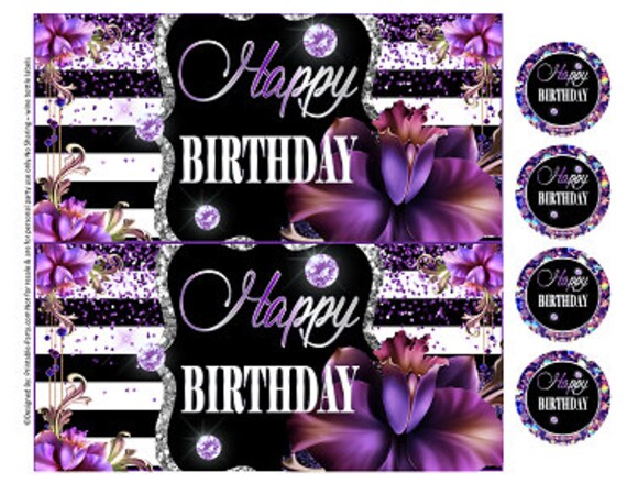 Printable Wine Bottle Labels | Flower Floral Purple SIlver Black Stripes Bling Diamond Wine Wrappers | Instant Download Il_570xn