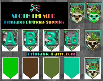 May include: Printable sloth-themed birthday party supplies, including a banner with letters A, B, 3, and rd, and a green, brown, and teal pennant banner. The banner features a sloth with a party hat and the text "Happy Birthday Sloths".