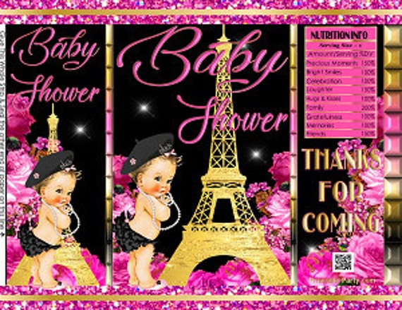 Printable Potato Chip Bags | Paris Eifle Tower Flowers Floral Pink Black Gold Baby Shower Theme Favors Il_570xn