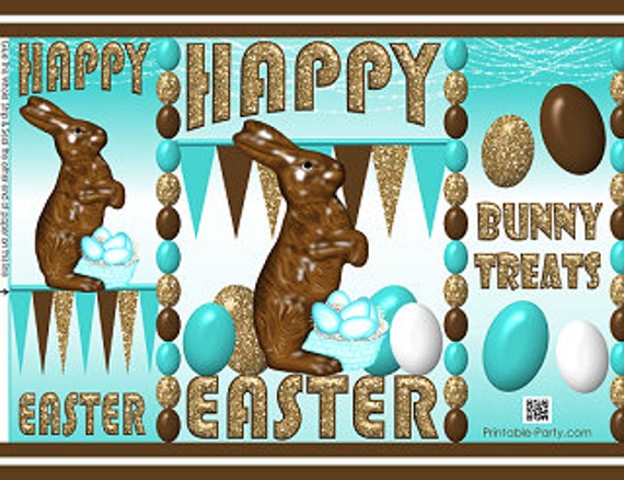 Printable Easter Bunny Eggs Treat Gift Wrap Bags Teal Brown White | Potato Chip Bag Label Wrapper Il_570xn