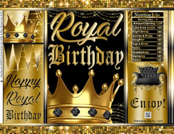 Printable Chip Bags | Royal Birthday Black Gold Crown Princess Prince Queen King | Party Favors Gift Wrappers Il_570xn